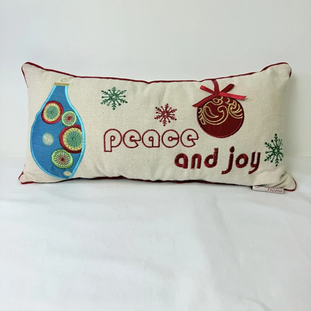 Stratford Home Off-white Embroidered Peace Joy Christmas Pillow 16.5x8